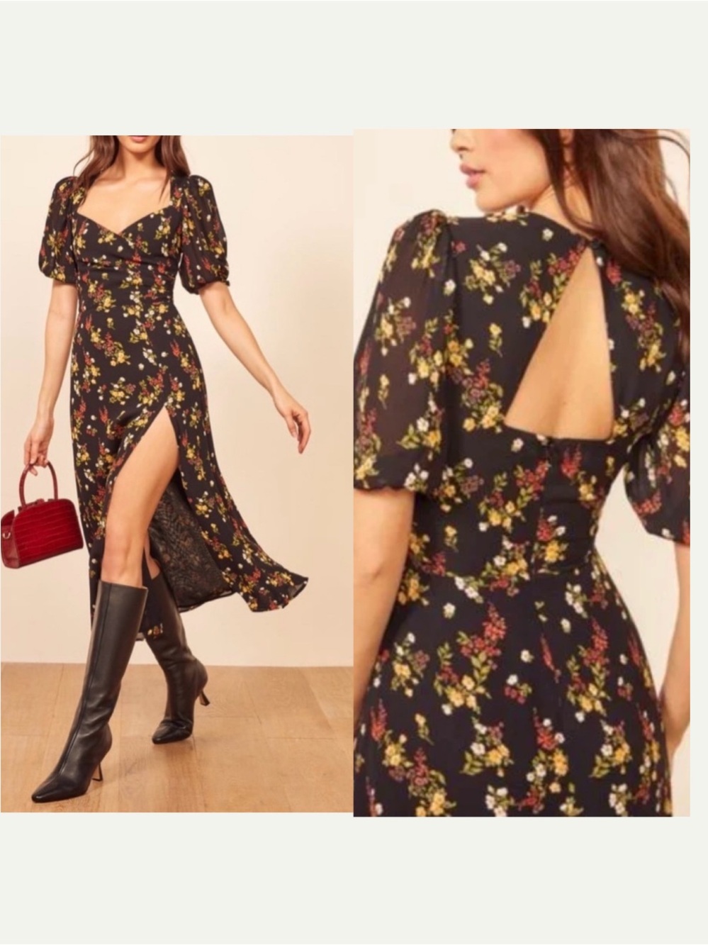 REFORMATION Wildflower Black Floral Midi Dress with Puff Sleeves Size 4